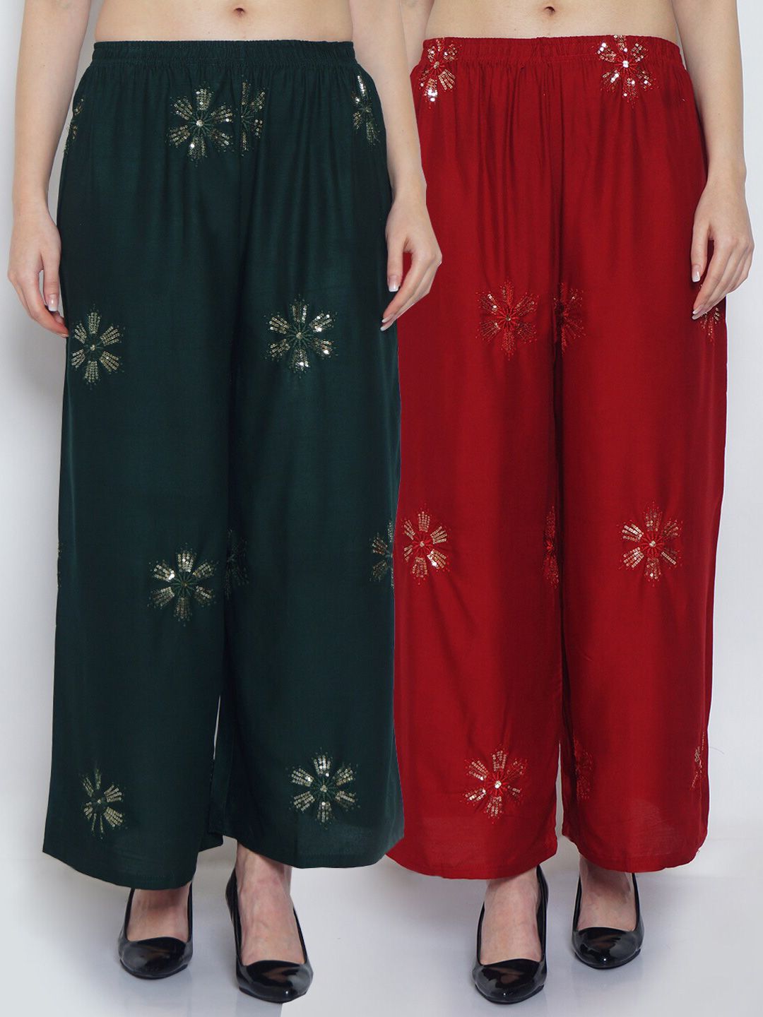 GRACIT Women Green & Maroon 2 Embroidered Knitted Ethnic Palazzos Price in India