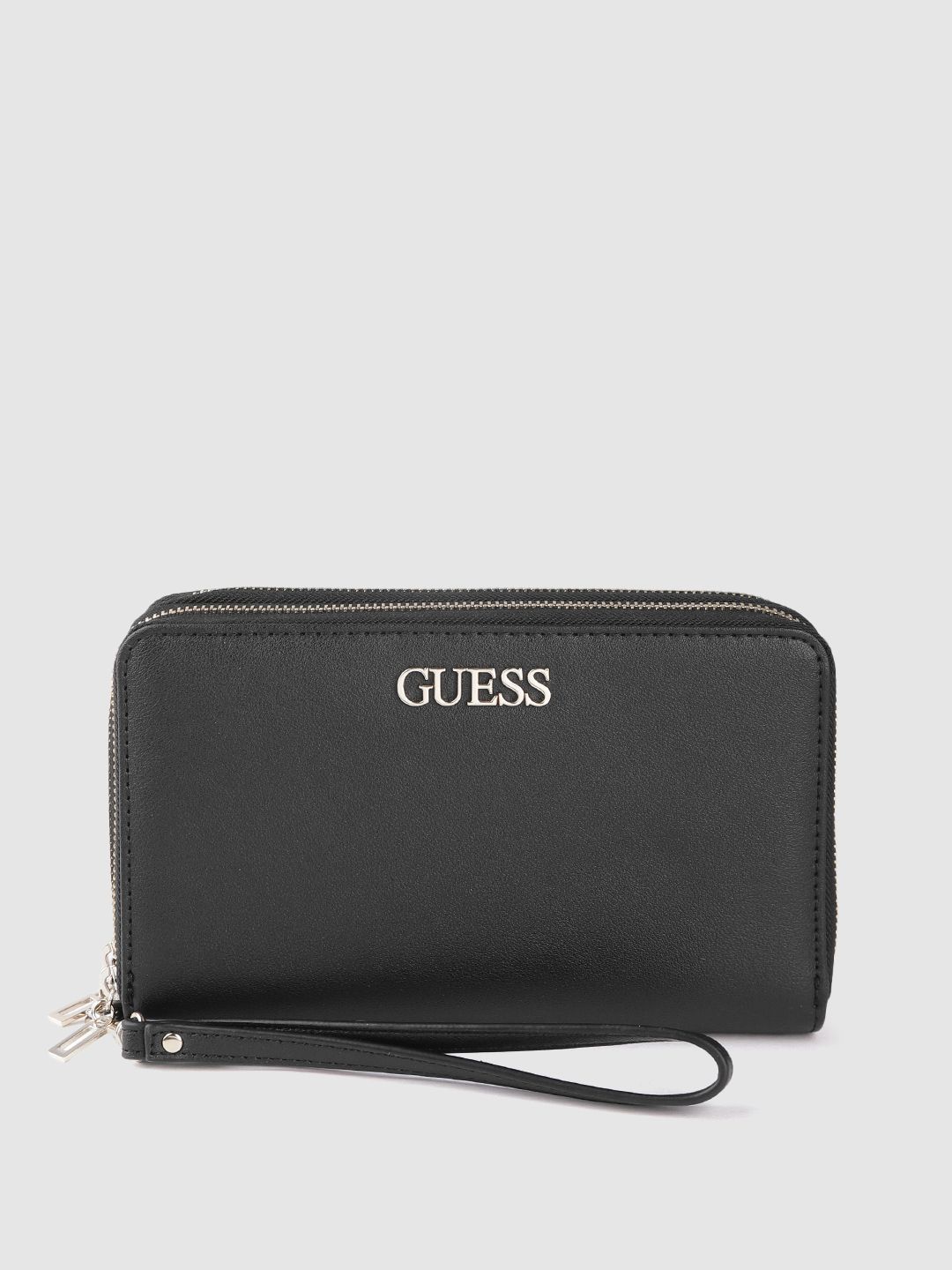 GUESS Women Black & Gold-Toned PU Zip Around Wallet Price in India