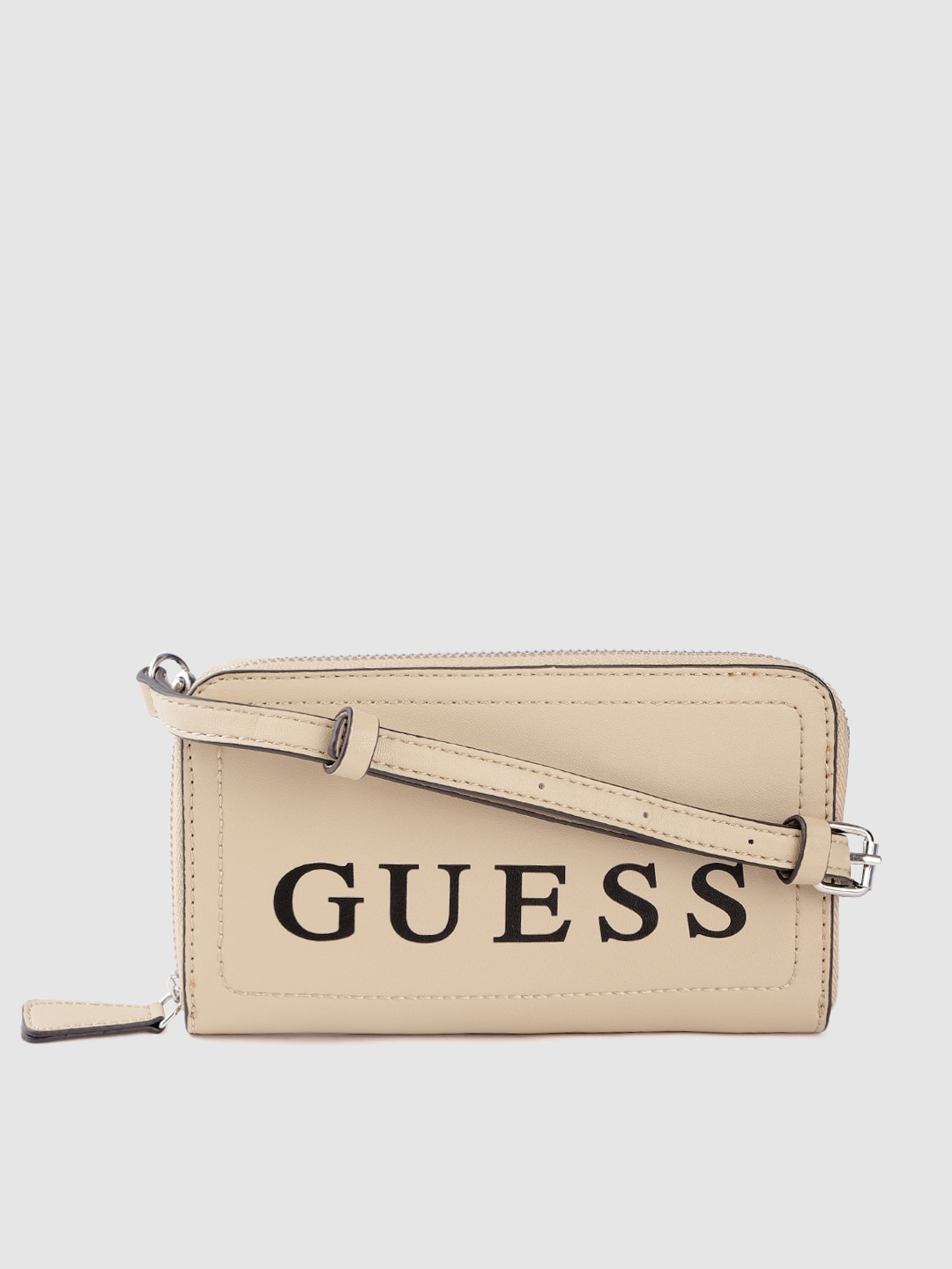 GUESS Beige & Black Women Brand Logo Printed Zip Around Wallet with Detachable Sling Strap Price in India