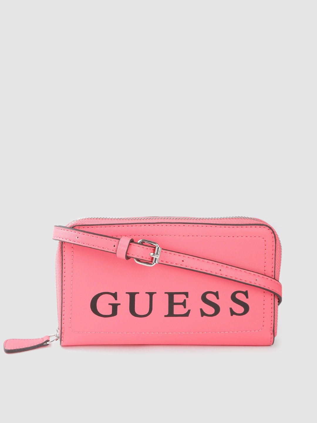 GUESS Pink & Black Brand Logo Printed Zip Around Wallet with Detachable Sling Strap Price in India