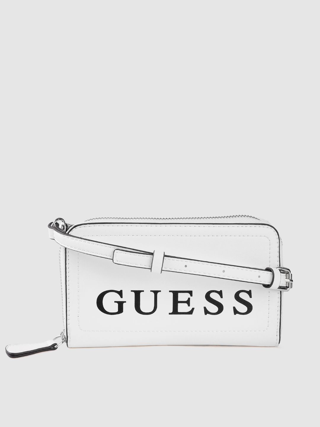 GUESS White & Black Brand Logo Print Sling Bag Price in India