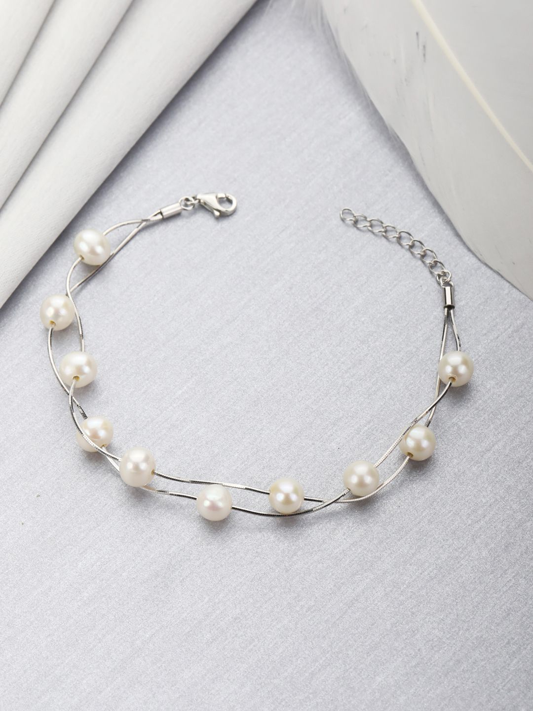 Zavya Women 925 Sterling Silver White Pearls Rhodium-Plated Charm Bracelet Price in India