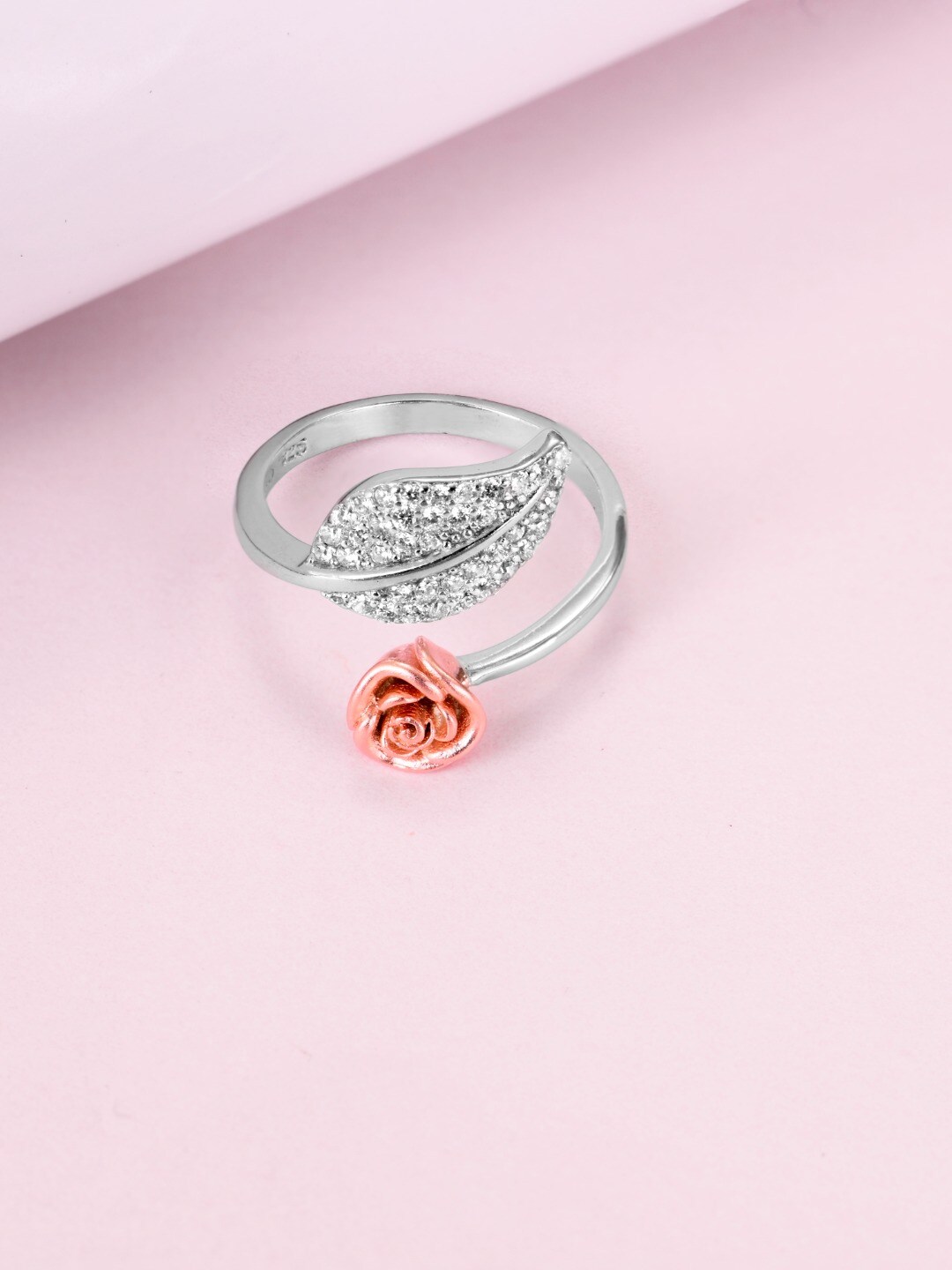 Zavya Women 925 Sterling Silver Rhodium-Plated Zircon Rose Leaf Ring Price in India