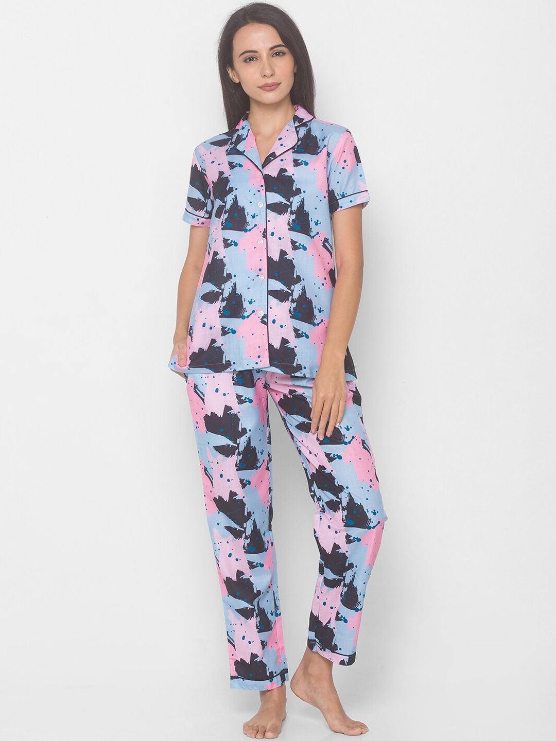 FashionRack Women Blue & Pink Printed Short Sleeves Night Suit Price in India