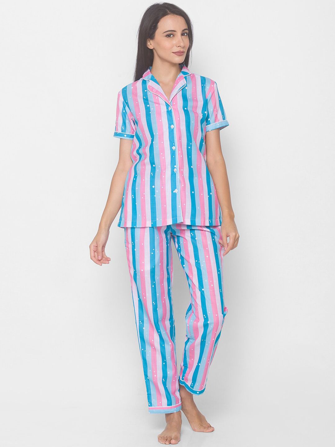 FashionRack Women Cotton Pink, White & Blue Striped Shirt Night suit Price in India