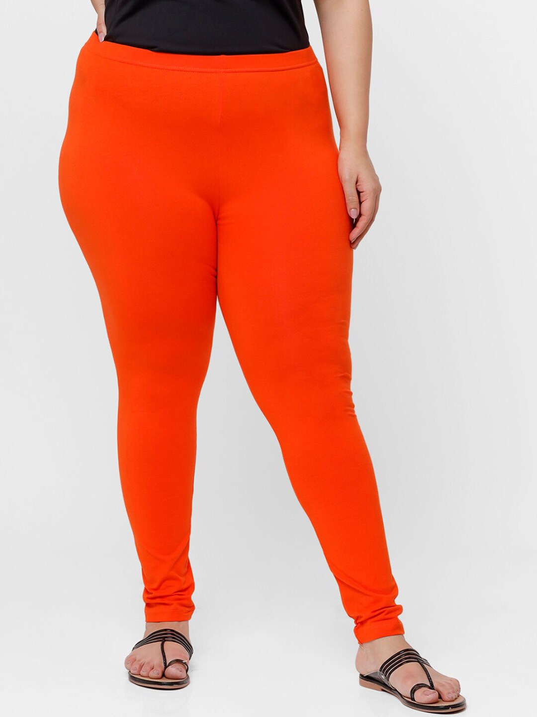 De Moza Women Orange Solid Churidar-Length Plus Size Leggings Price in India