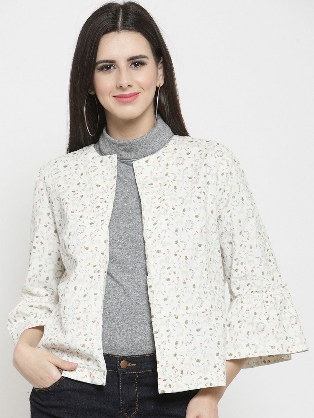 Sera Women Off White Floral Printed Open Front Jacket Price in India