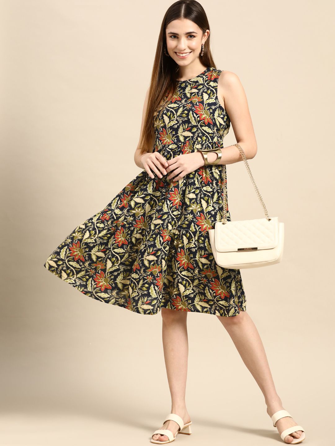 Anouk Women Navy Blue & Green Floral Printed Cut-Out Tiered A-Line Dress Price in India