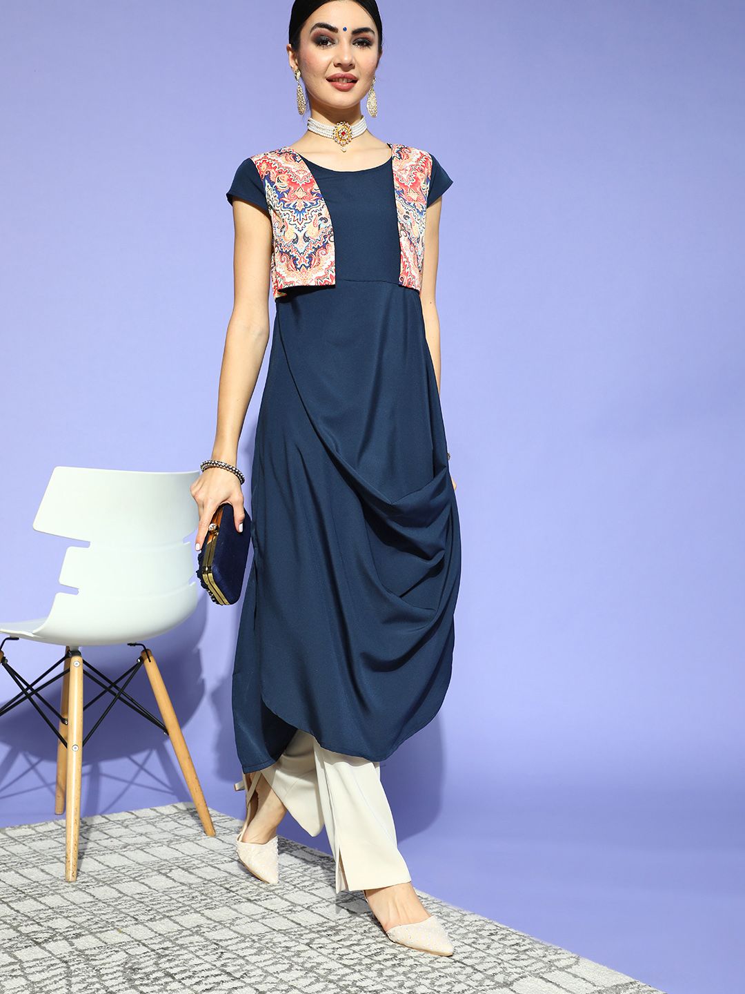 Anouk Deep Navy Blue Polyester Draped Luxe Kurta Price in India