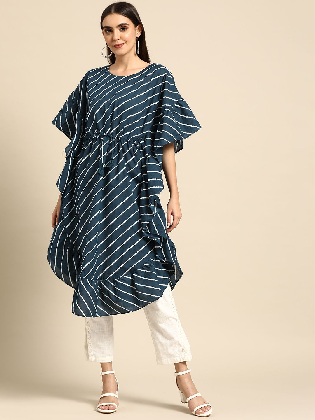 Anouk Women Teal & White Pure Cotton Striped Flared Sleeves Kaftan Kurta Price in India