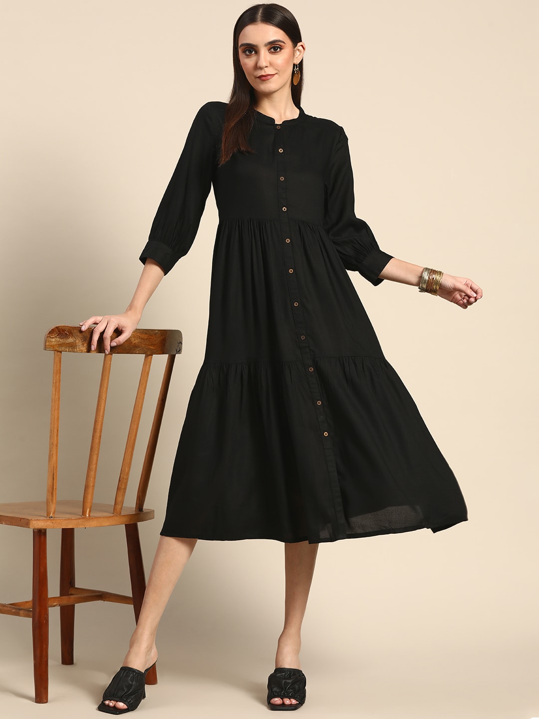 Anouk Black A-Line Midi Dress Price in India