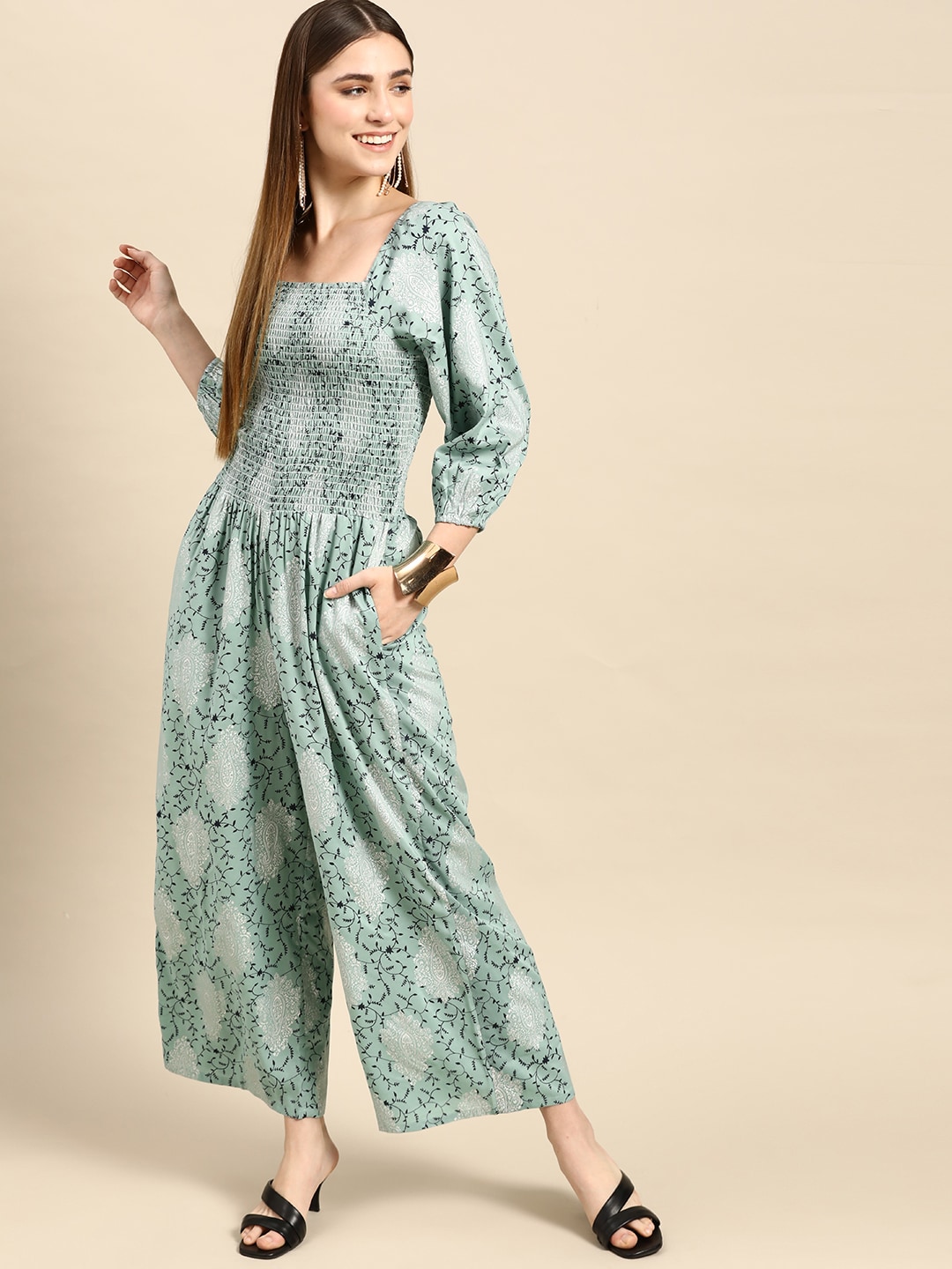 Anouk Women Green & Navy Blue Floral Printed Smocked Basic Jumpsuit Price in India