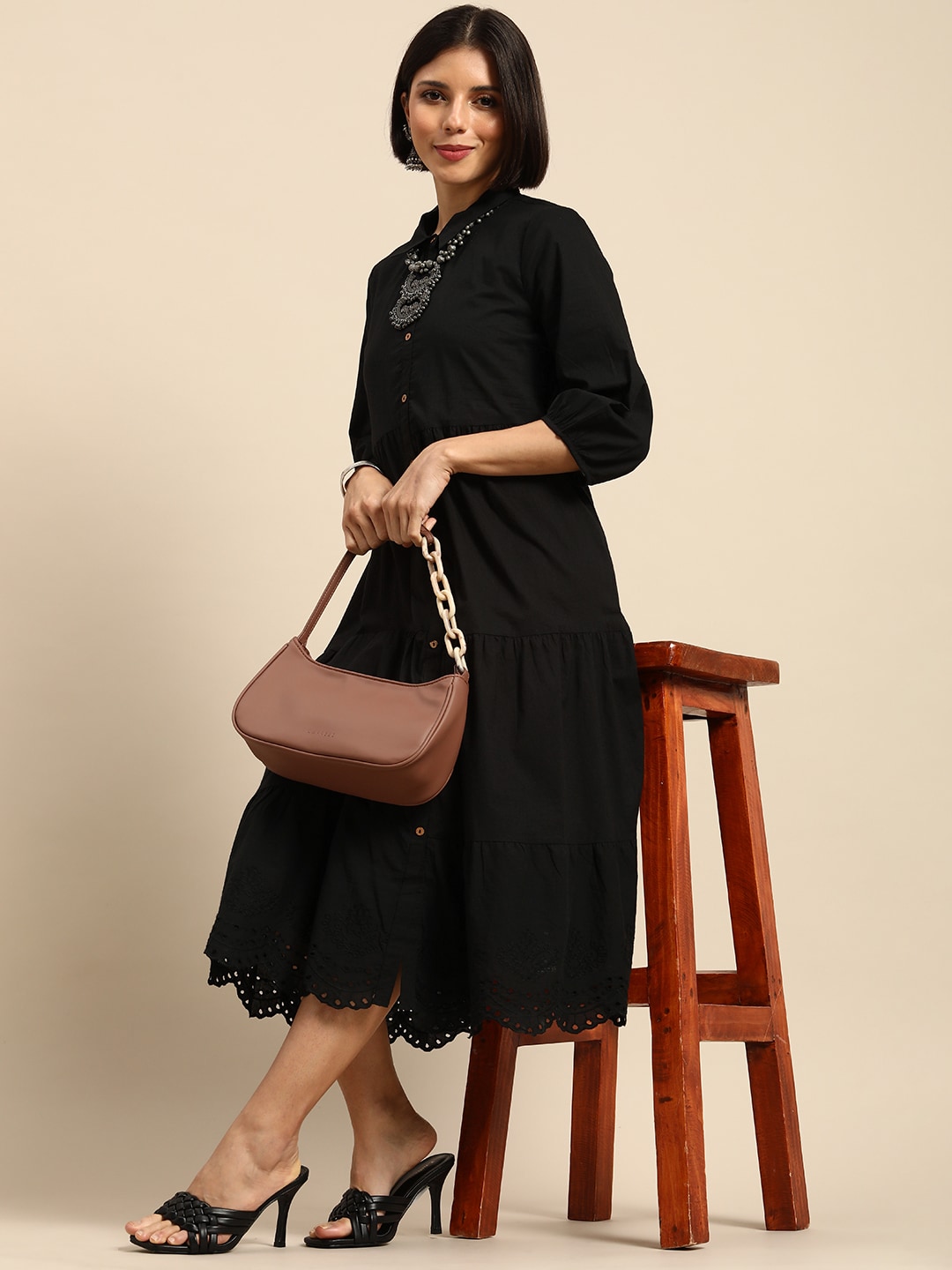 Anouk Women Black Solid Schiffli A-Line Casual Maxi Dress Price in India