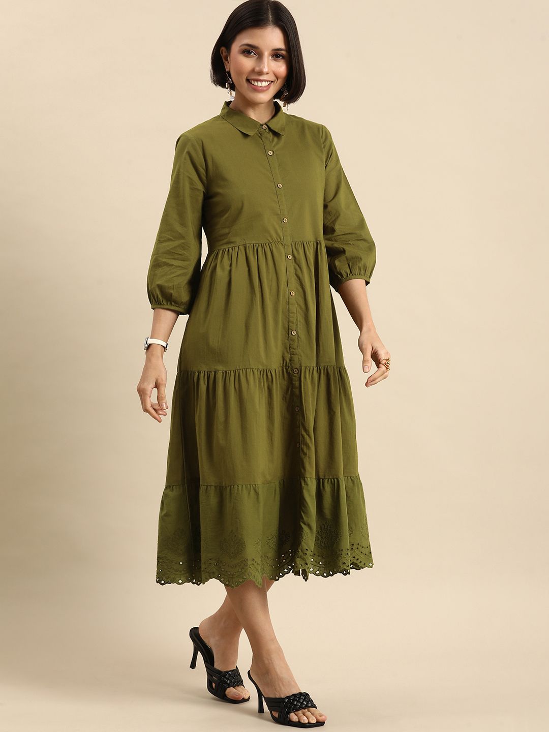 Anouk Women Olive Green Tiered A-Line Midi Dress Price in India