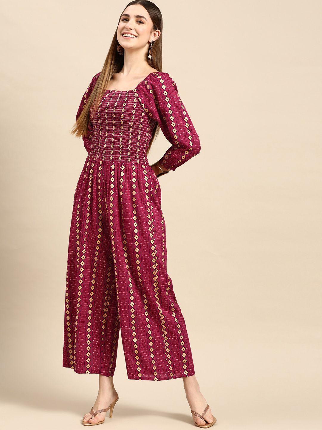 Anouk Women Magenta & Navy Blue Geometric Printed Smocked Basic Jumpsuit Price in India