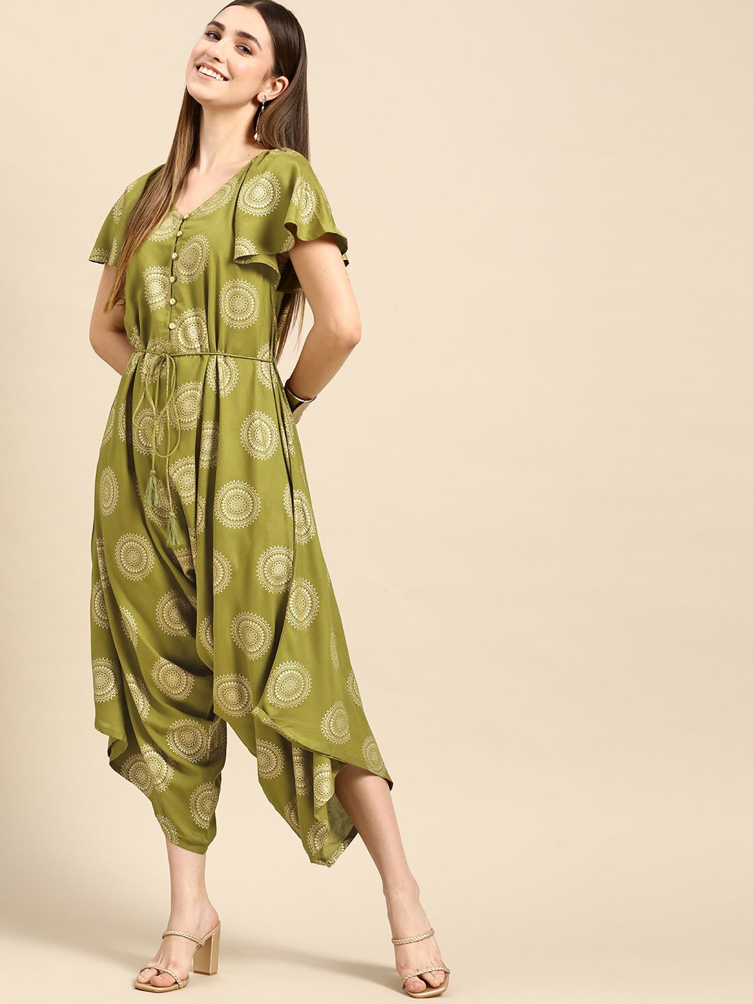 Anouk Women Olive Green & Golden Ethnic Motifs Printed Basic Jumpsuit Price in India