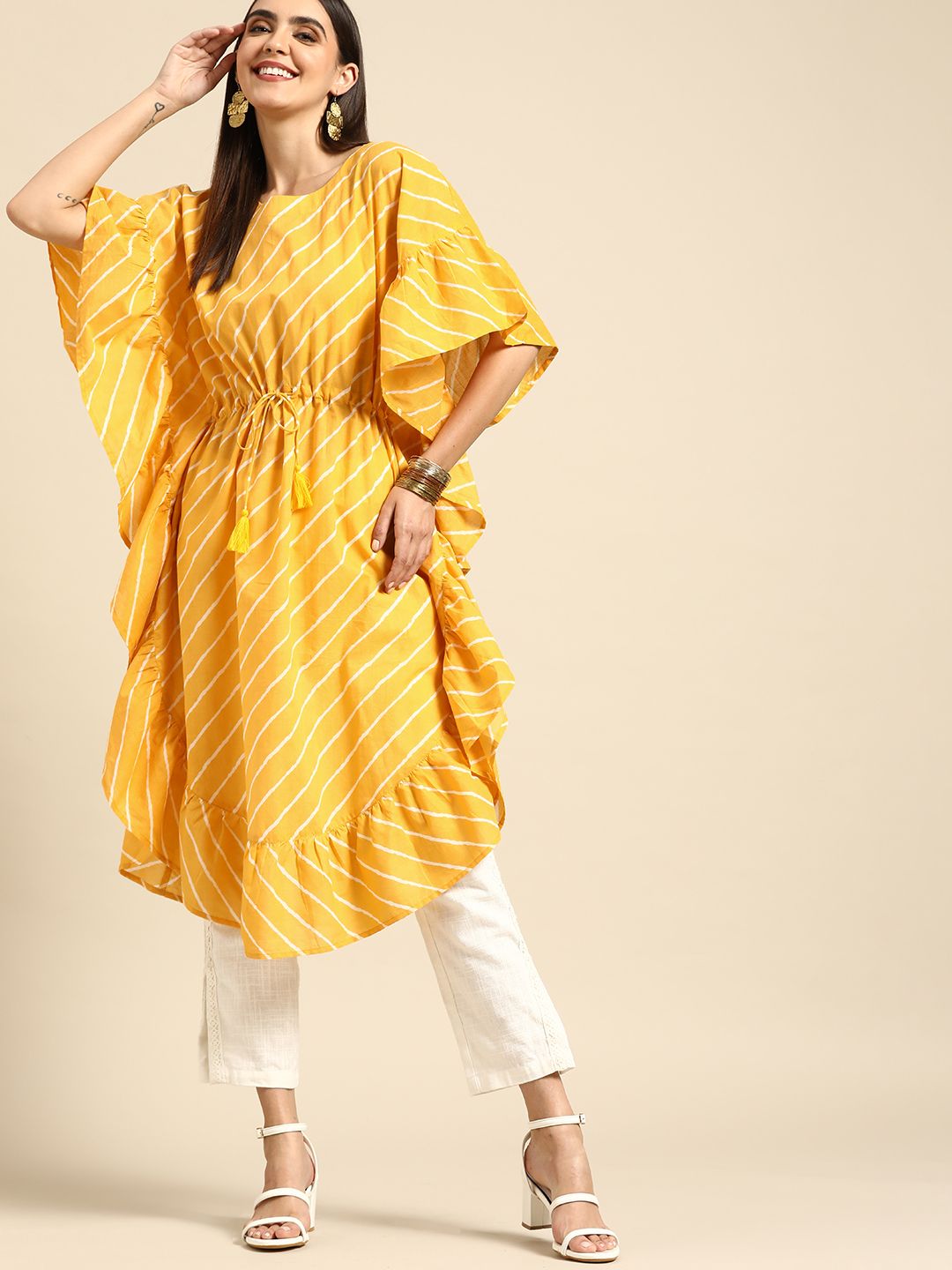 Anouk Women Yellow & White Pure Cotton Printed Flared Sleeves Kaftan Kurta Price in India