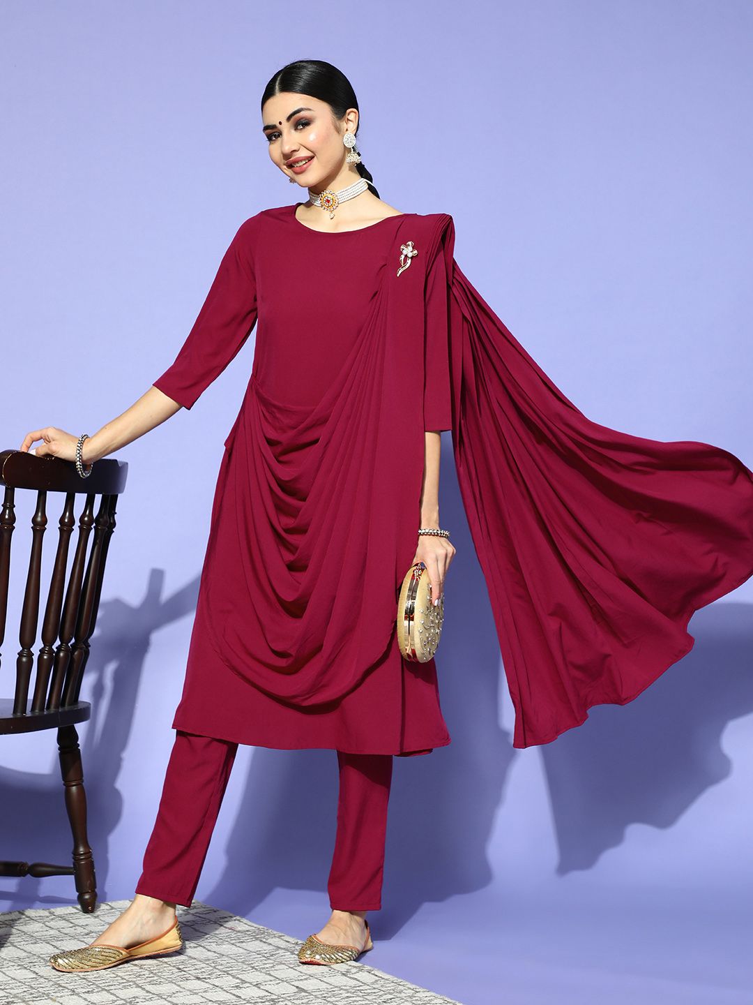 Anouk Women Maroon Kurta with Trousers & Attached Dupatta Price in India