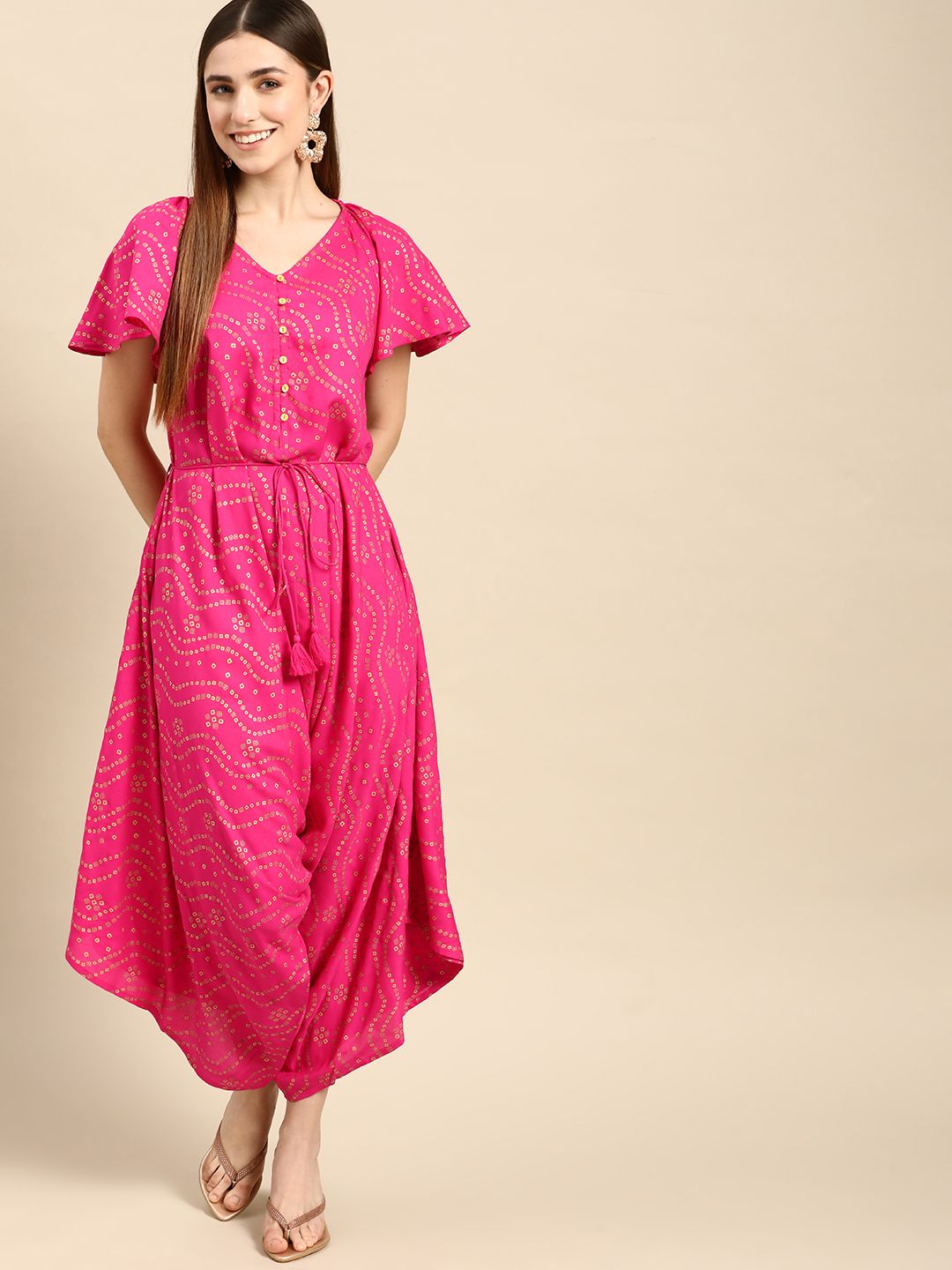 Anouk Women Pink & Golden Ethnic Motifs Printed Basic Jumpsuit Price in India