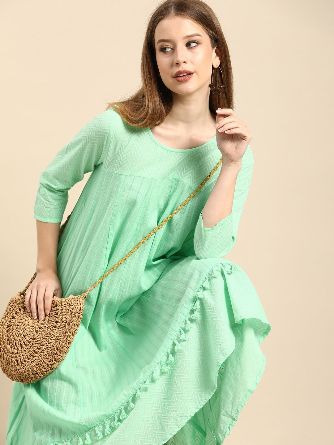 Anouk Women Sea Green Embroidered A-Line Midi Pure Cotton Dress Price in India