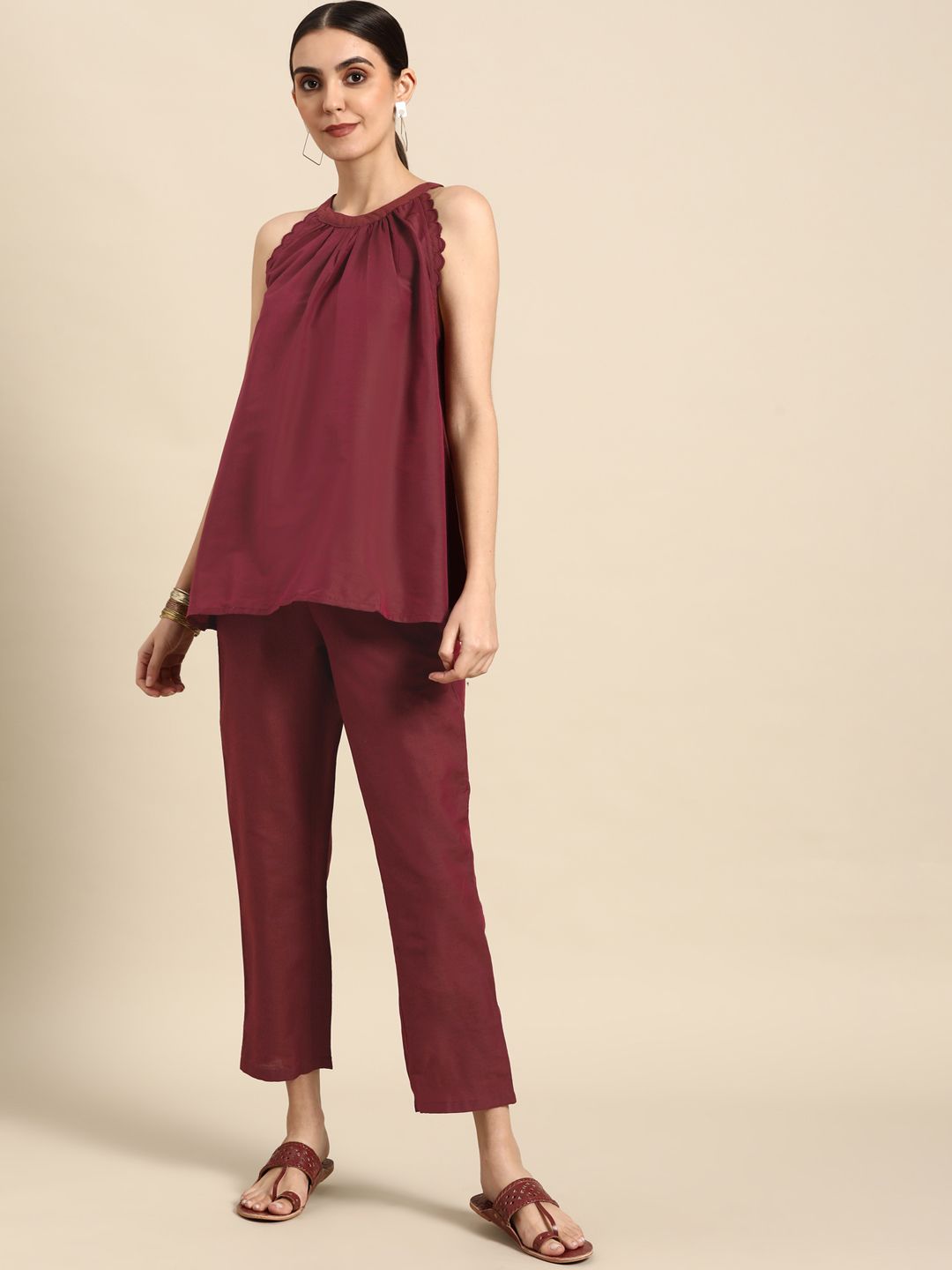 Anouk Women Maroon Pleated Top with Solid Trousers Price in India