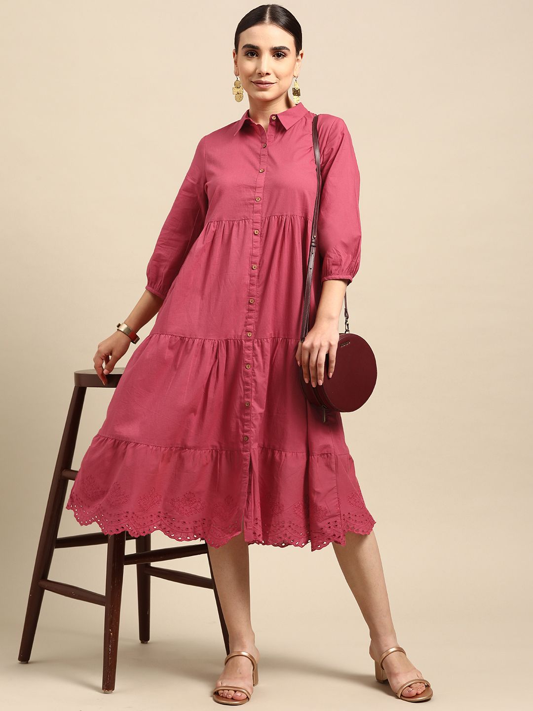 Anouk Women Pink Pure Cotton Schiffli Tiered Shirt Style Midi Dress Price in India