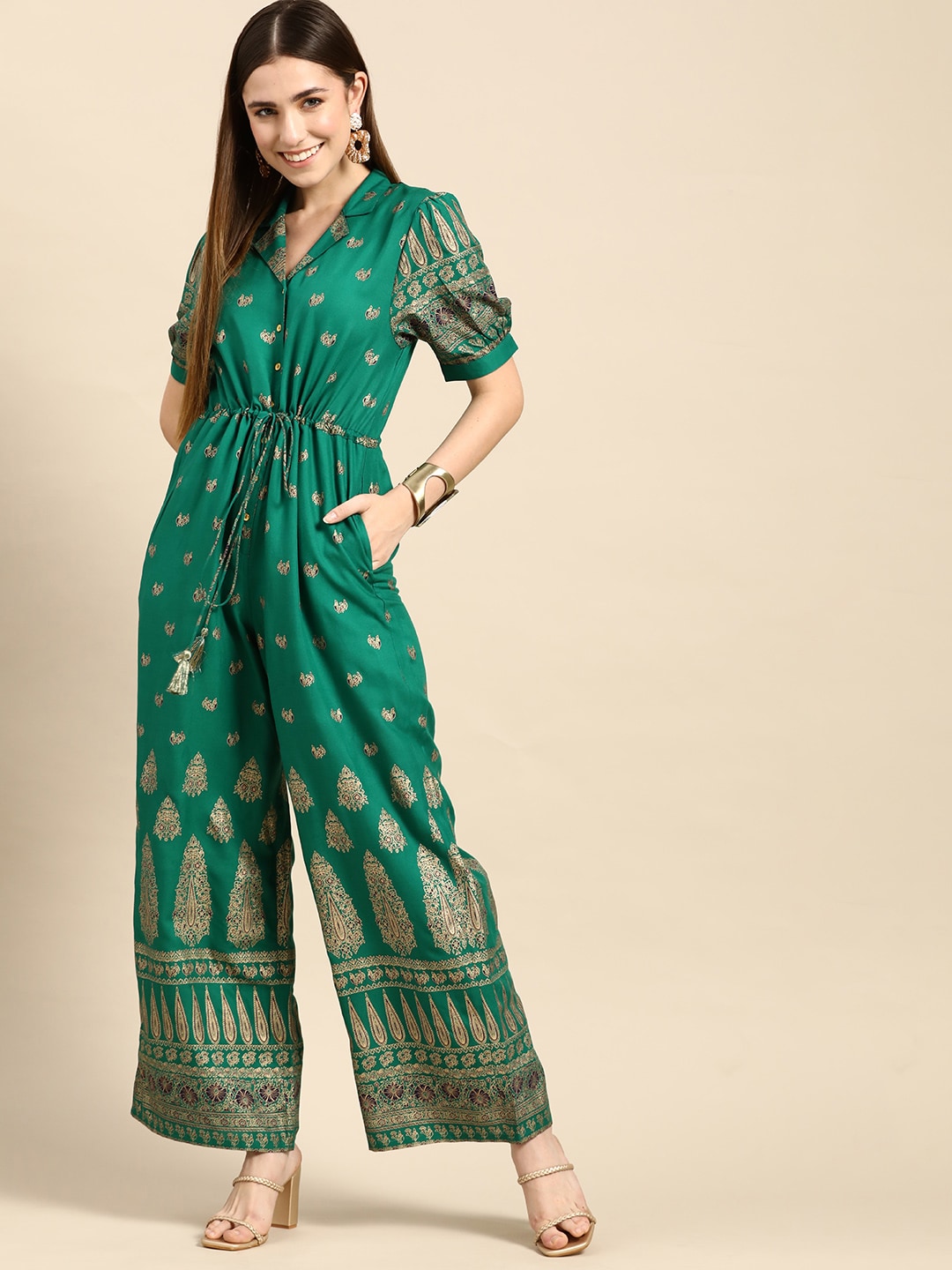 Anouk Women Green & Golden Ethnic Motifs Printed Basic Jumpsuit Price in India