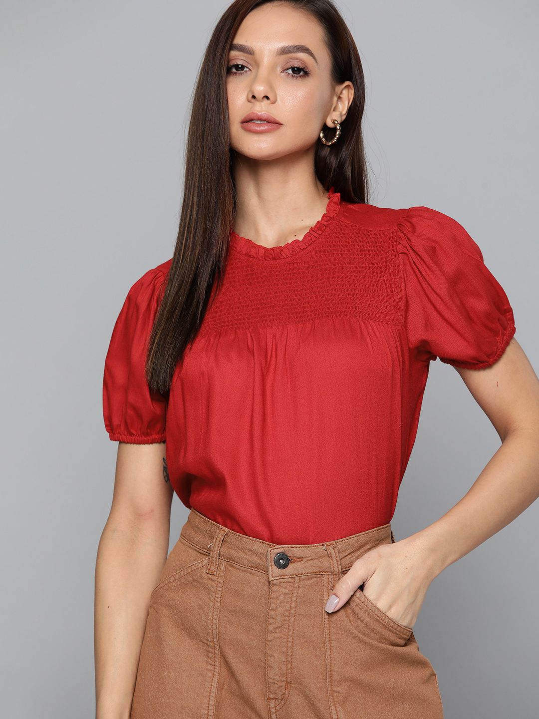 Chemistry Red Round Neck Smocked Puff Sleeve Top