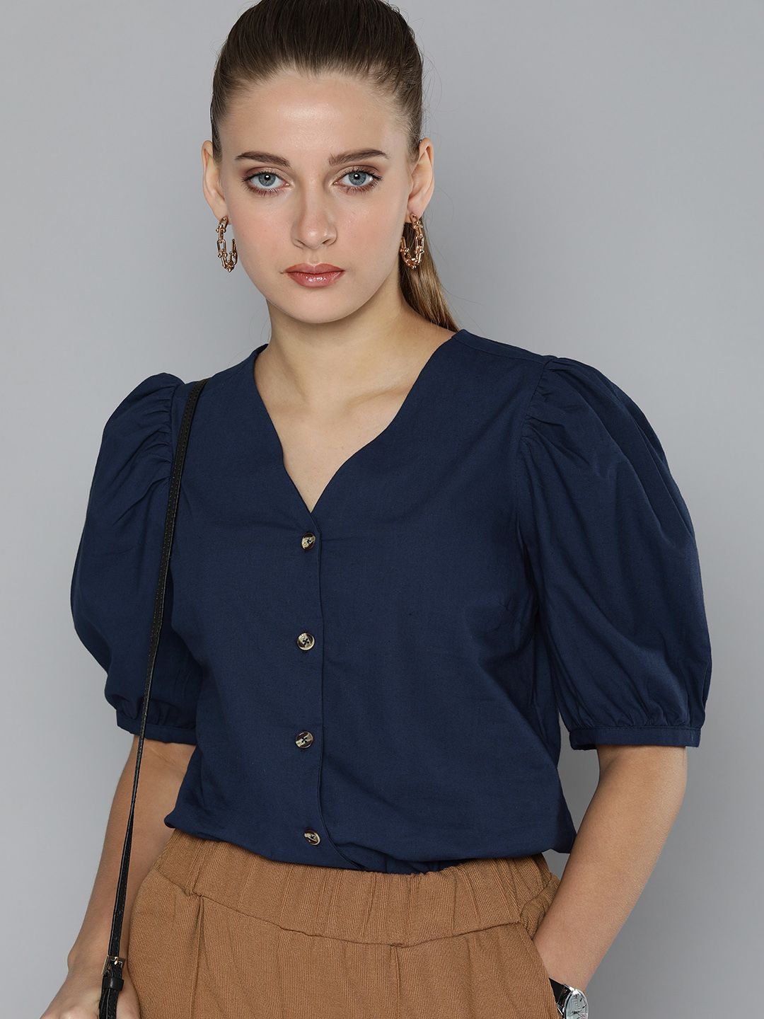 Chemistry Navy Blue Pure Cotton Puff Sleeve Top Price in India