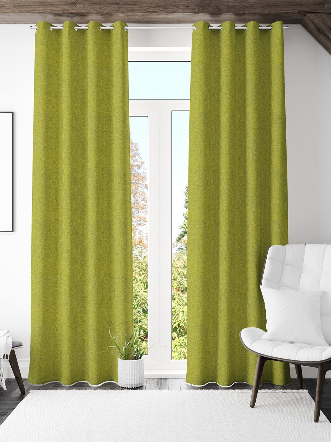S9home by Seasons Green Textured Set of 2 Room Darkening Long Door Curtain Price in India