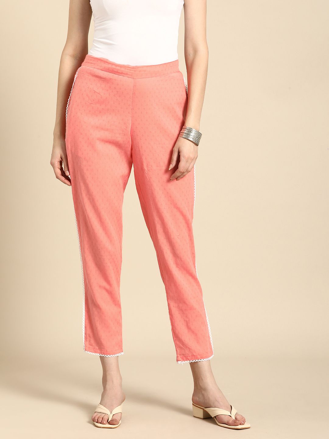 Anouk Women Peach-Coloured Textured Pure Cotton Trousers Price in India