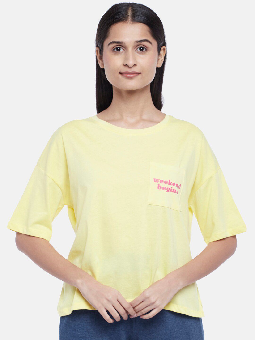 Dreamz by Pantaloons Women Yellow Solid Pure Cotton Lounge tshirt Price in India