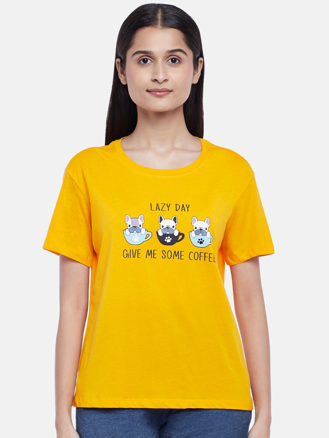 Dreamz by Pantaloons Women Yellow Printed Cotton Lounge tshirt Price in India