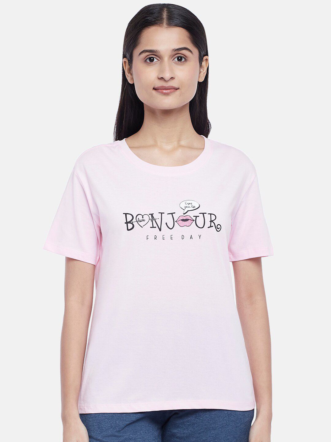 Dreamz by Pantaloons Pink Printed Pure Cotton Lounge T-Shirt Price in India