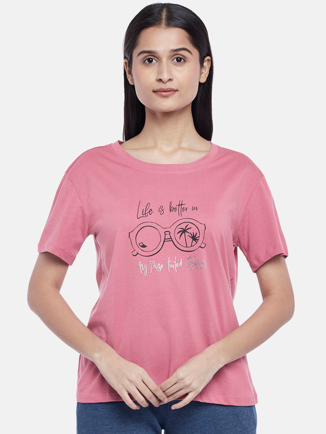 Dreamz by Pantaloons Pink Print Pure Cotton Lounge tshirt Price in India