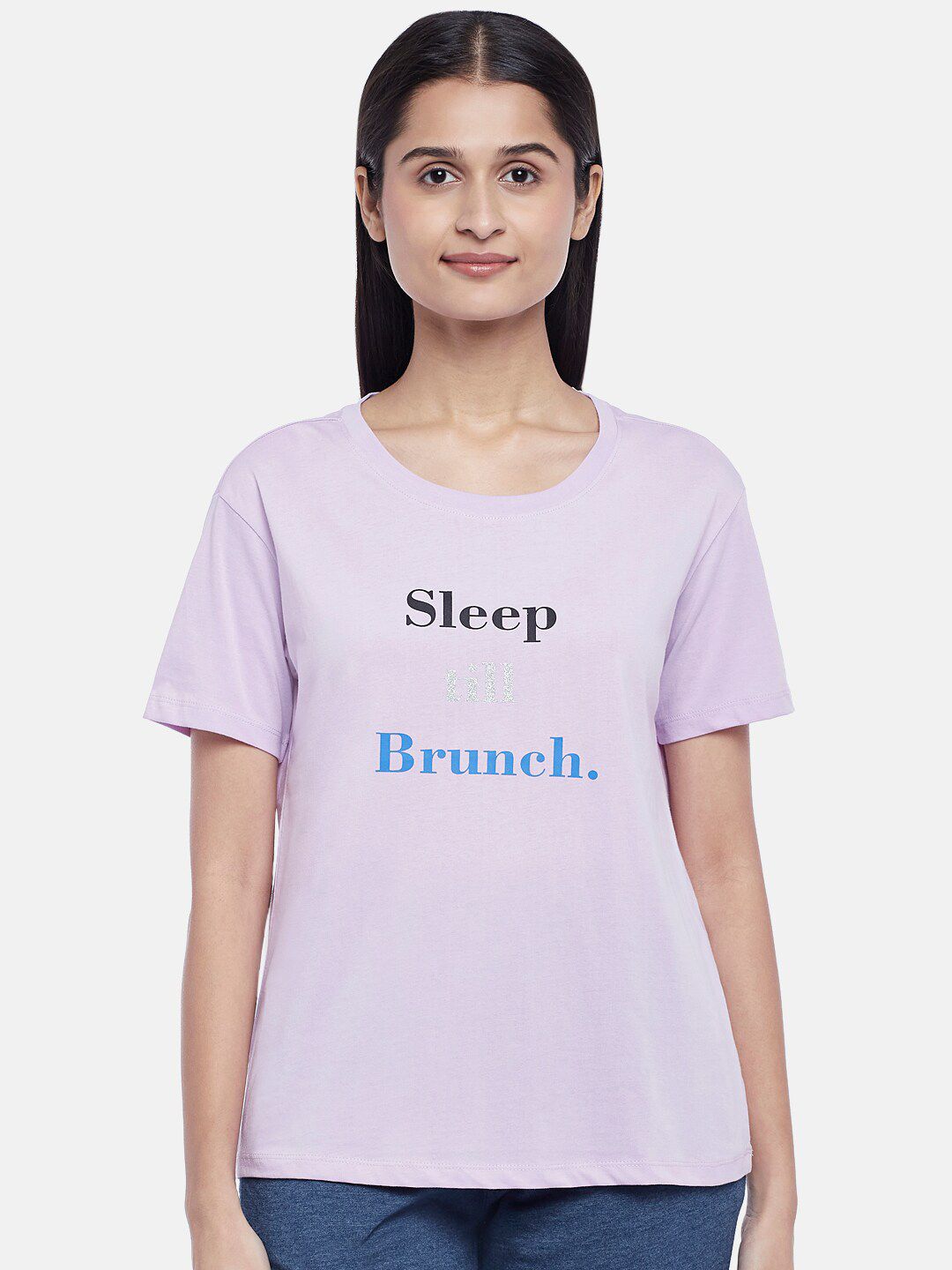 Dreamz by Pantaloons Purple Typography Printed Pure Cotton Regular Lounge tshirt Price in India