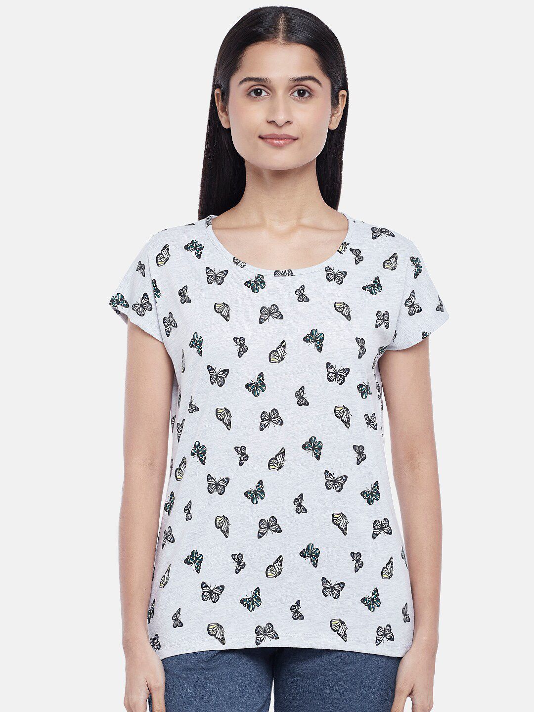 Dreamz by Pantaloons Women Grey Melange & Black Printed Round Neck Pure Cotton Regular Lounge tshirt Price in India