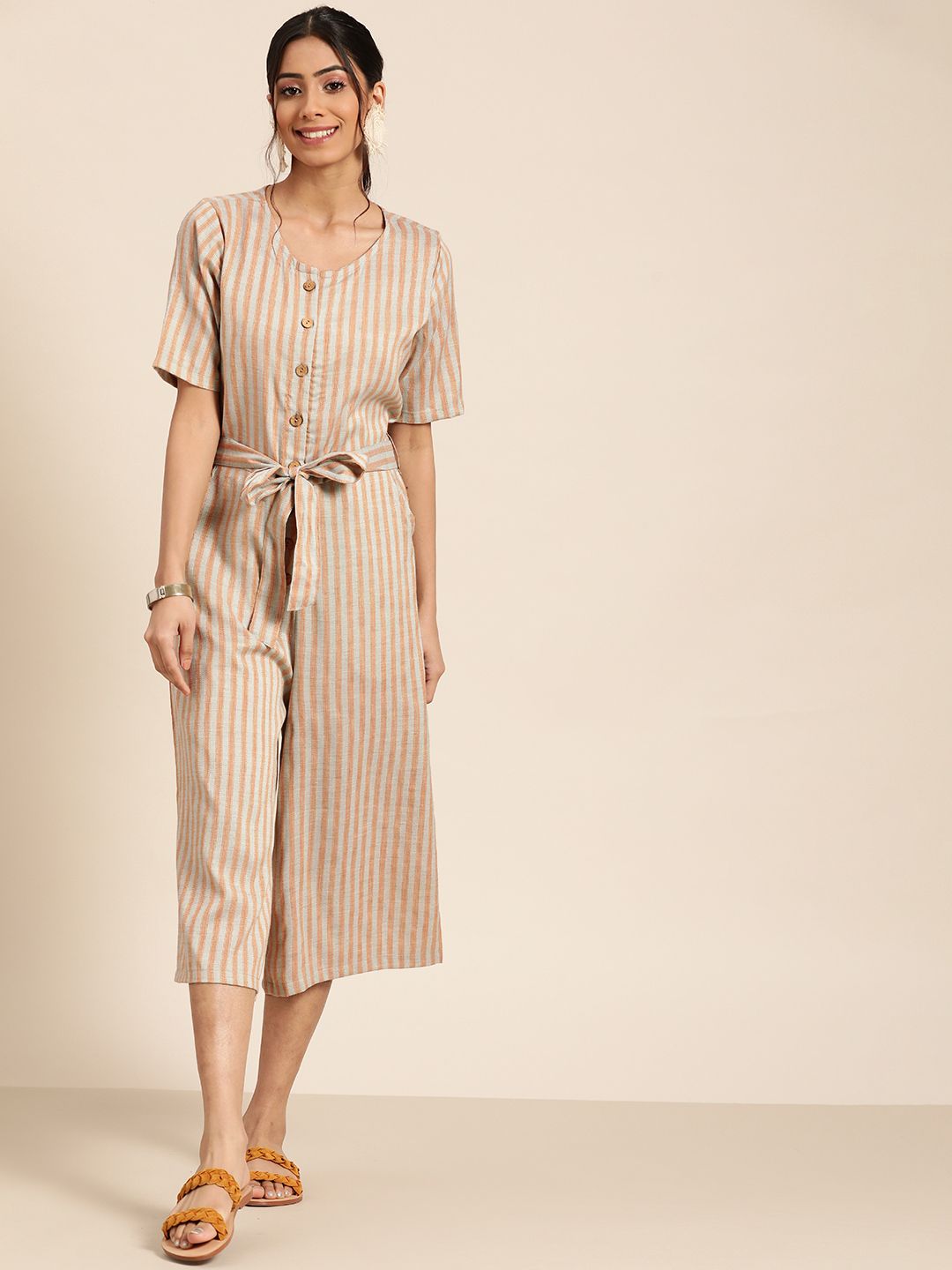 Sangria Women Beige & Grey Striped Culotte Jumpsuit
