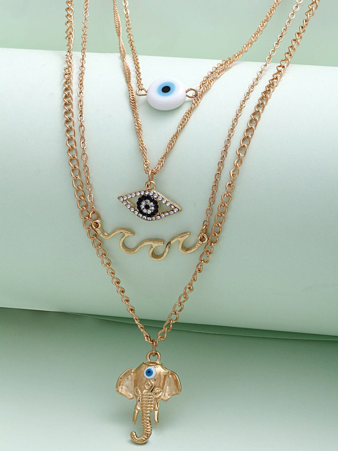 Ferosh Women Gold-Plated Elephant & Evil Eye Layered Necklace Price in India