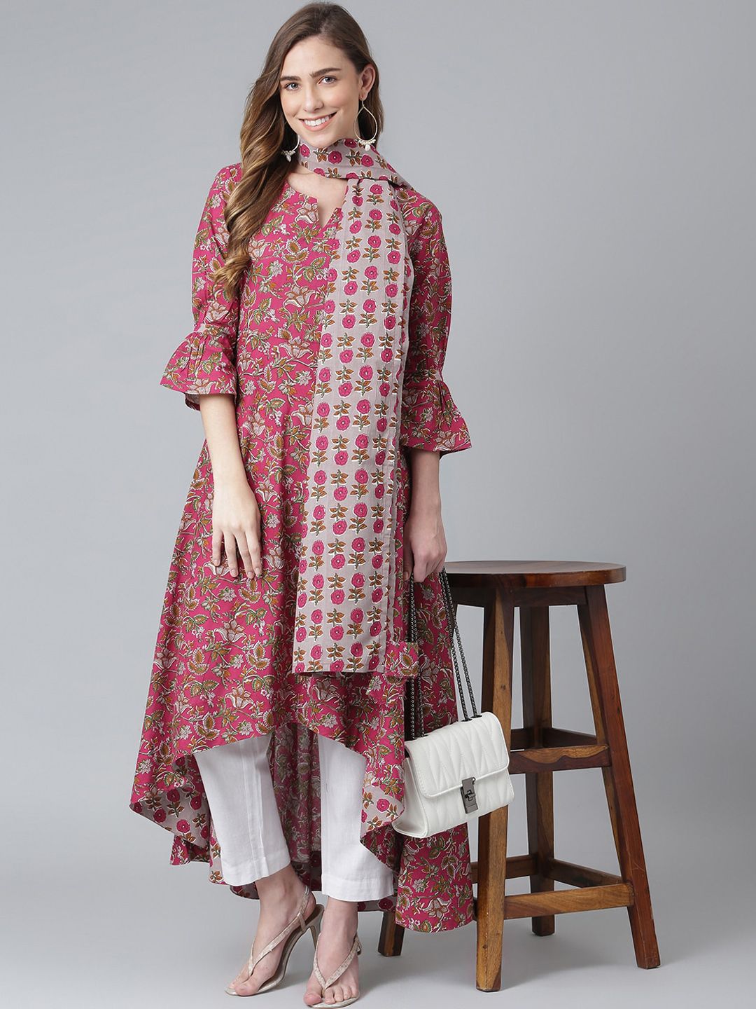 Khushal K Women Maroon Cotton Floral Printed Kurta With Dupatta Price in India