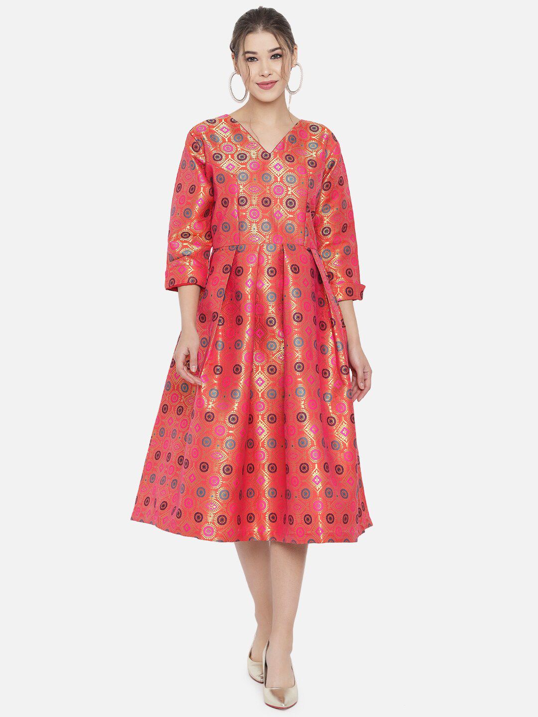 RAISIN Woman Rust Floral Jacquard Midi Dress Price in India