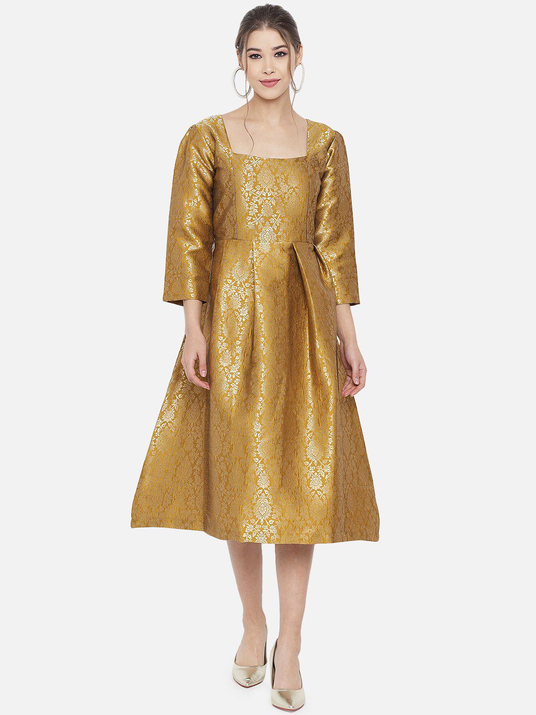 RAISIN Gold-Toned Jacquard Banarasi Brocade Midi Dress Price in India