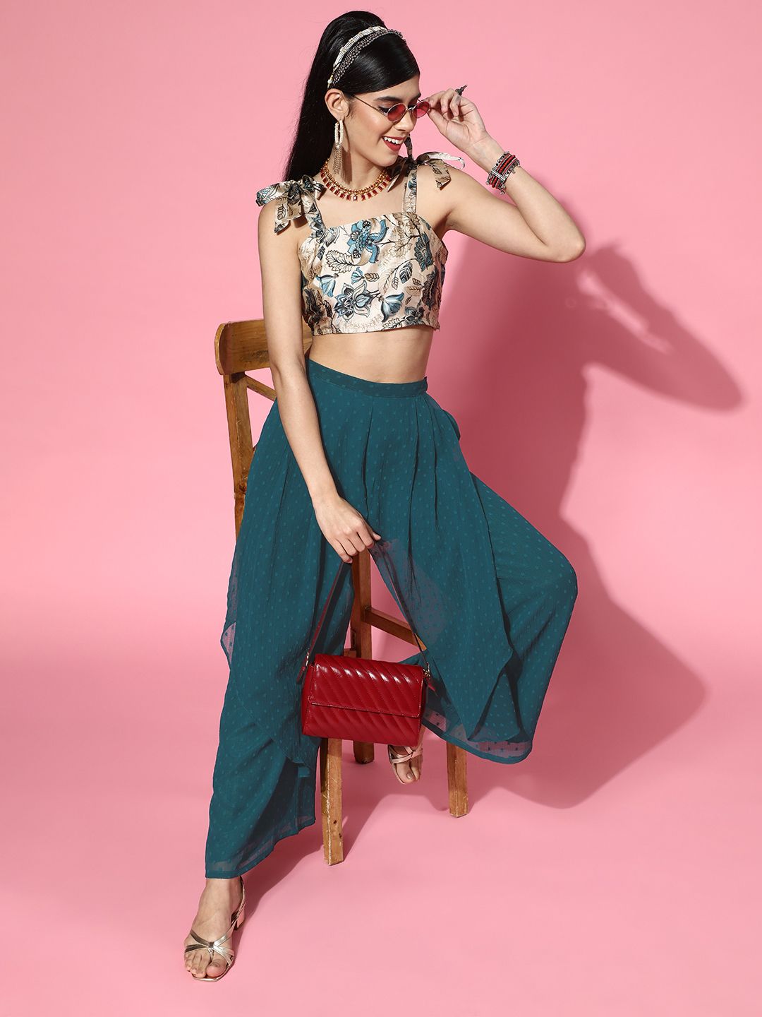 Inddus Women Tranquil Teal Printed Top with Self-Design Palazzos Price in India