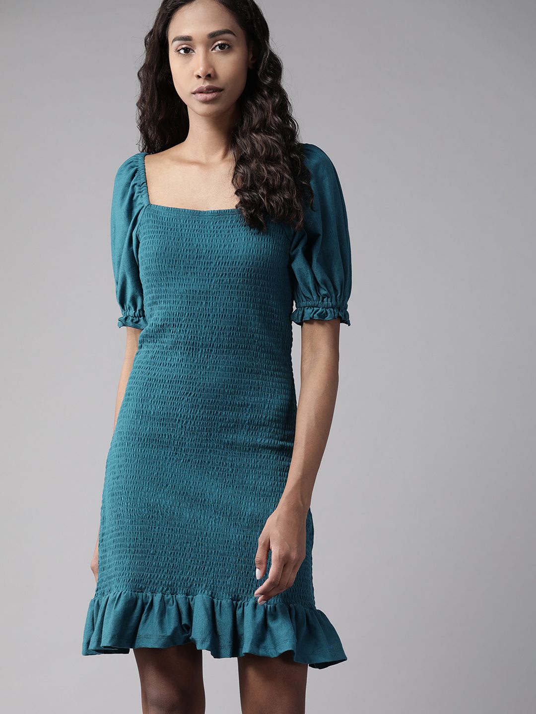 Roadster Women Tranquil Teal Solid Volume Play Dress Price in India