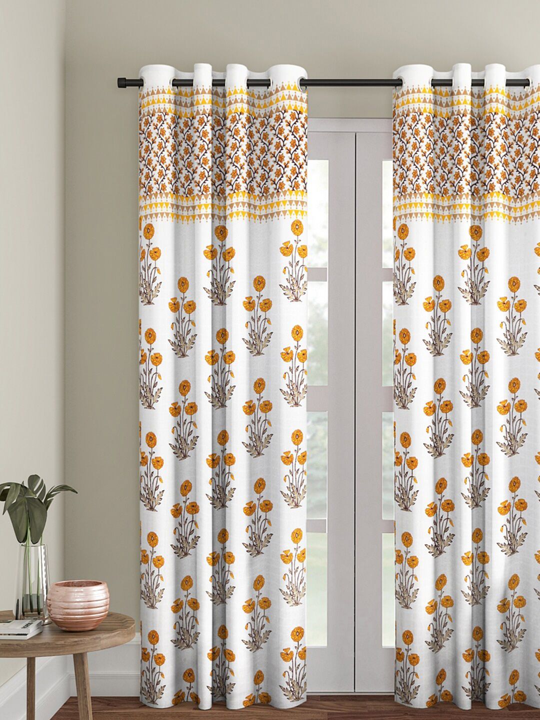 Rajasthan Decor White & Orange Single Floral Printed Regular Long Door Curtain Price in India
