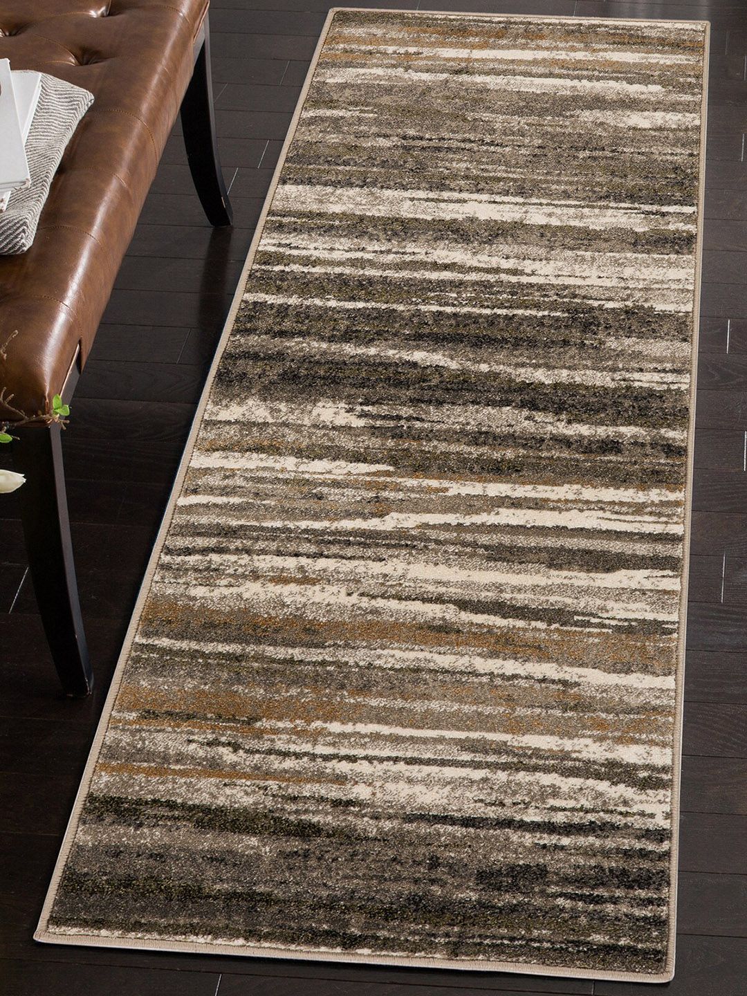 OBSESSIONS Beige & Brown Striped Floor Runner Price in India
