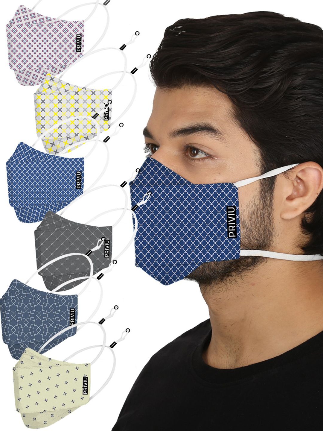 PRIVIU Pack of 6 Blue Printed Fusion PRO Protective Cloth Face Masks Price in India