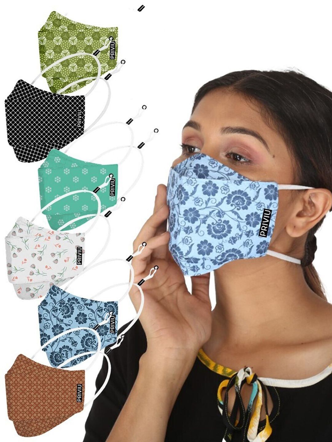 PRIVIU Pack of 7 Blue Printed Fusion PRO Protective Cloth Face Masks Price in India