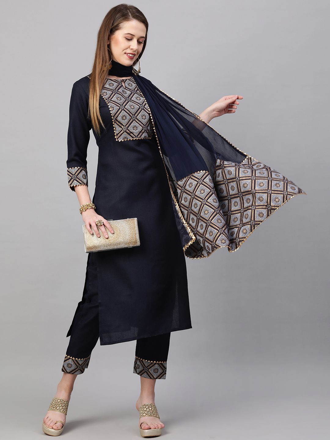 KALINI Women Navy Blue & White Yoke Design Kurta with Trousers & Dupatta Price in India