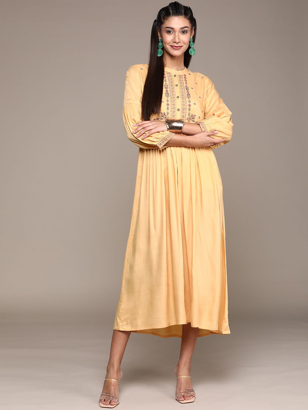 aarke Ritu Kumar Mustard Yellow & Green Ethnic Yoke Embroidered Midi Fit & Flare Dress Price in India